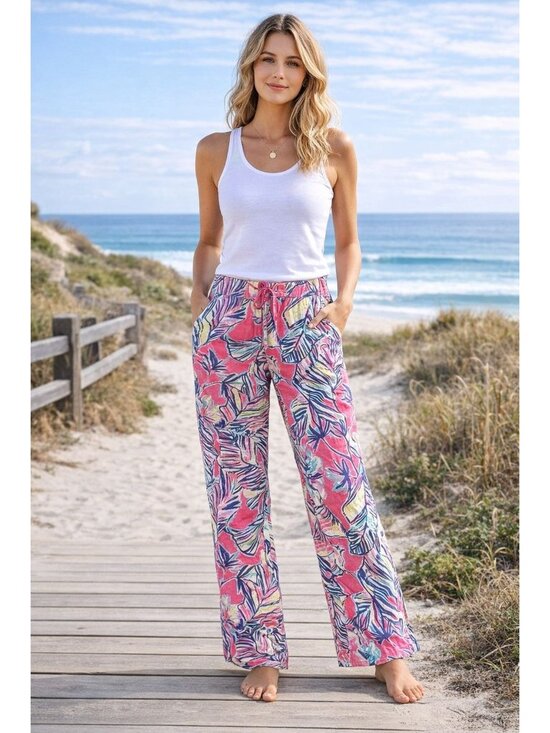Lilly Pulitzer Pants - Lilly Pulitzer Galley Pants size 4 Tiki Pink Cabana Crazed 100%‎ Linen Wide Leg